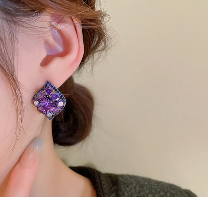 Leaf purple rhinestone earrings