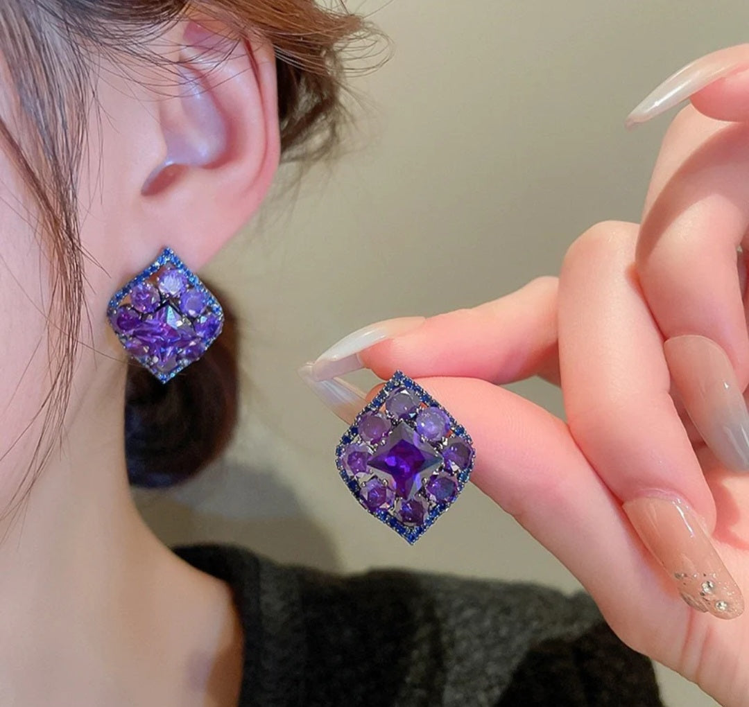 Leaf purple rhinestone earrings